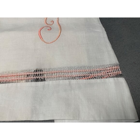Vintage White Linen Hand Towel with Pink Embroidered Initial Monogram - Picture 2 of 8